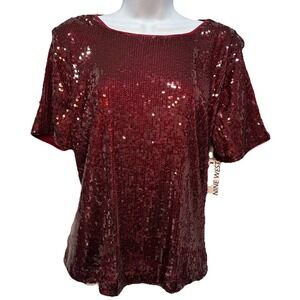 Nine West Sequins Blouse Women's Size Medium Burgundy Short Sleeve Lining  NWT